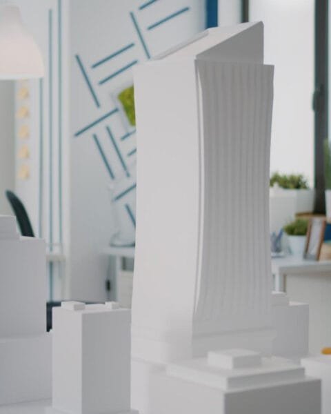 3D printed buildings Saudi Arabia: A model cityscape featuring a tall, modern building among smaller white structures, set in a stylish contemporary workspace.